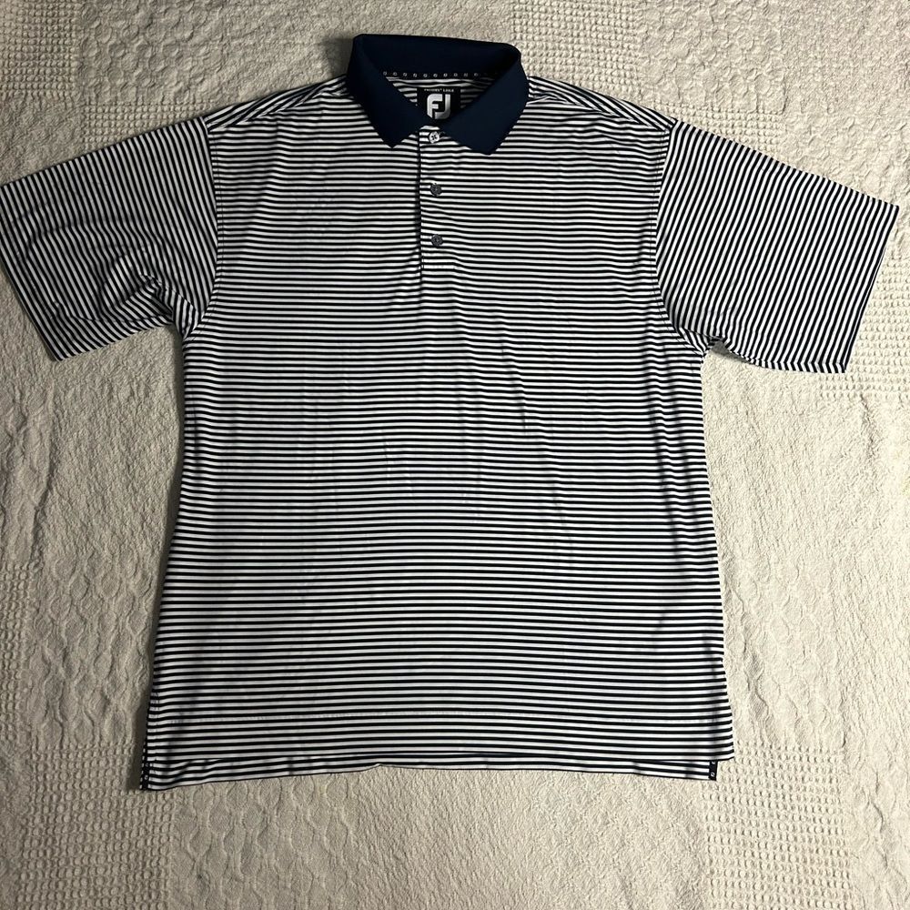 FootJoy Prodry Lisle Navy Blue & White Striped Polo